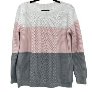 Tommy Hilfiger Cable Knit Sweater Women L Pink White Grey Colorblock Boat Neck